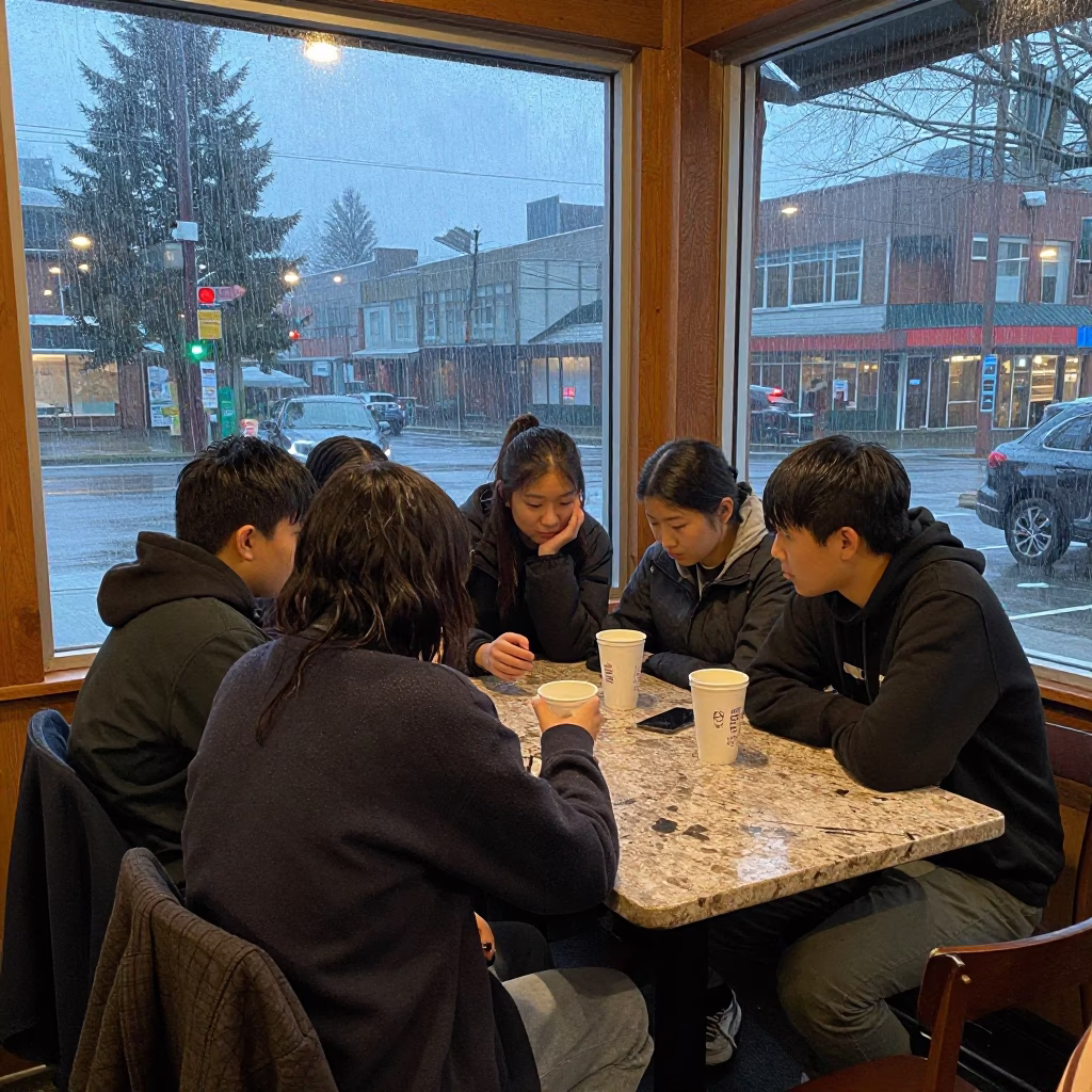 Students Huddled in Vancouver in in Vancouver, British Columbia, Canada