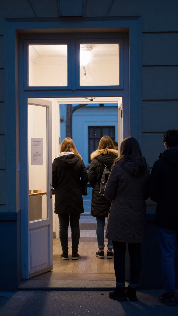 Students in Coats Outside Art Room Twilight in inside an art classroom in Old Town, Krakow