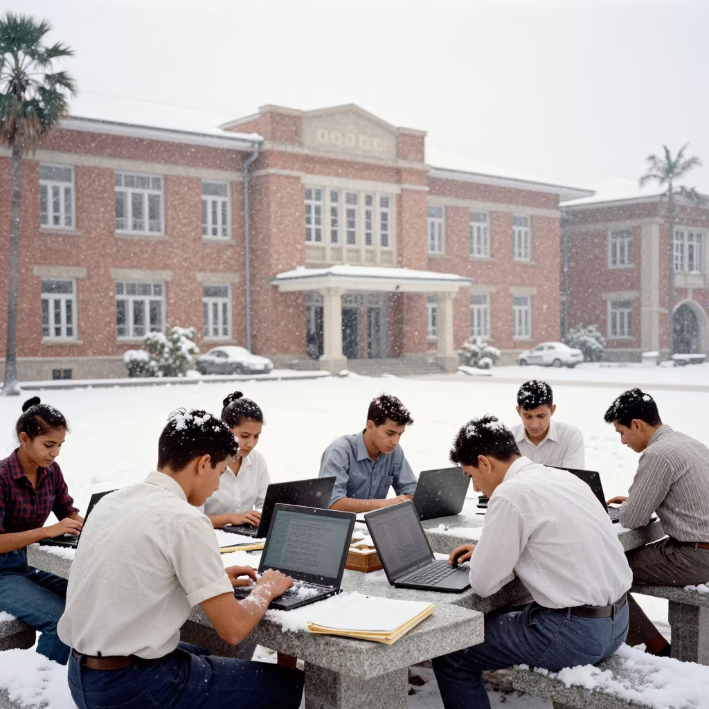 Students Hunched Over Laptops in Library in outside a brick lecture building in Kotri