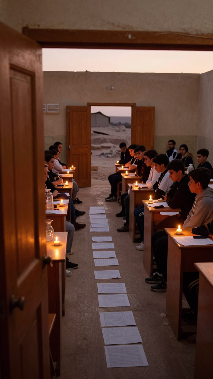 Students Rehearsing Lines Outside Douma Lecture Hall in in a school laboratory in Douma