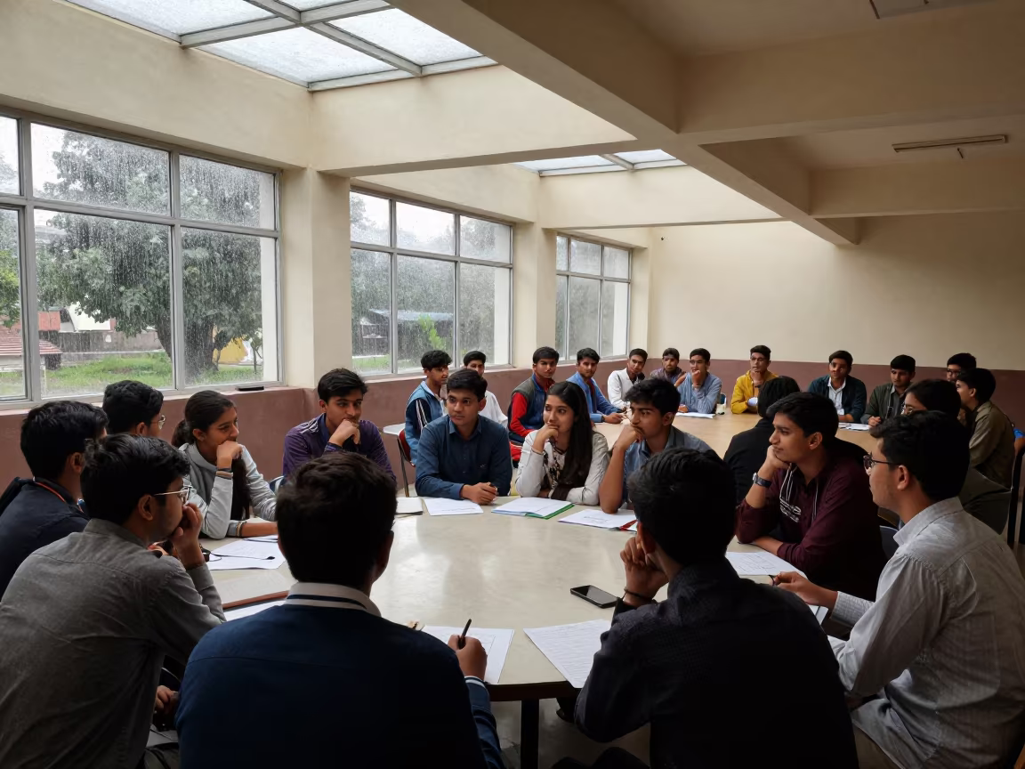 Students Rehearsing Lines Near Lecture Hall in at a seminar table covered in notes in Mandi Bahauddin