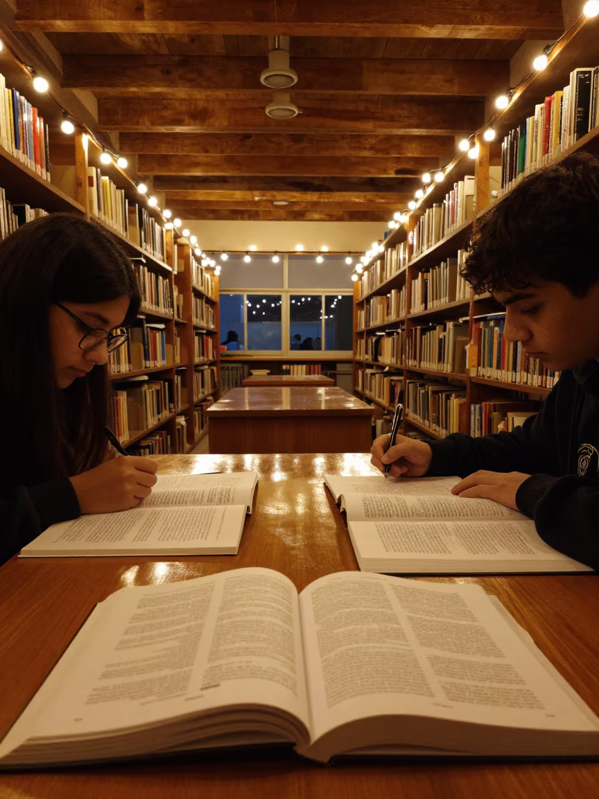Students Revise Beneath Library Stacks at Night in in a lecture hall before the crowd arrives in La Victoria