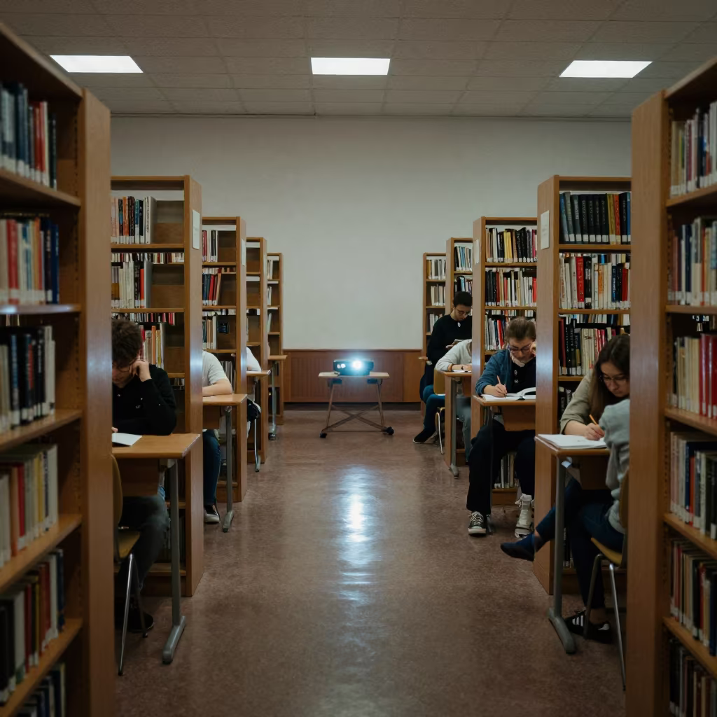 Students revising under library stacks at night in inside an art classroom near Yekaterinburg