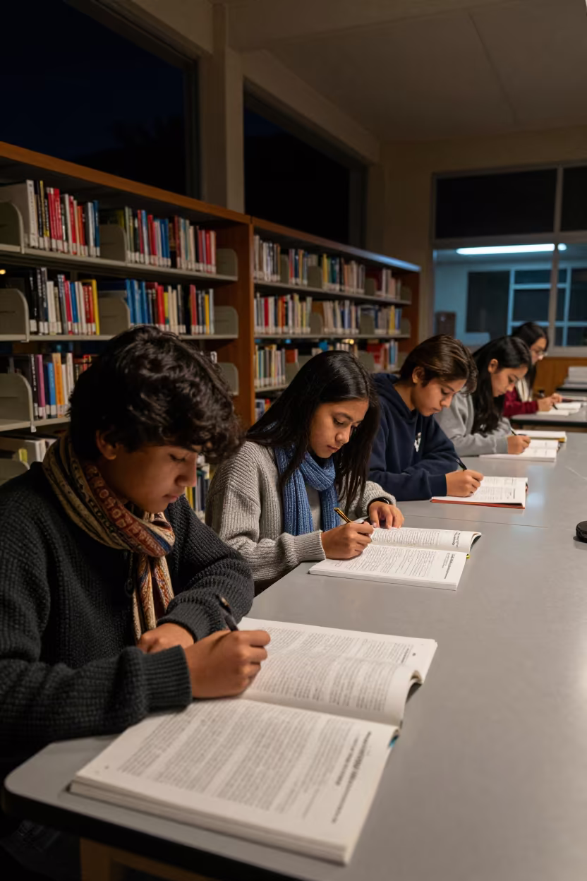 Students revising under library stacks in Waikiki lab in in a school laboratory in Waikiki, Honolulu