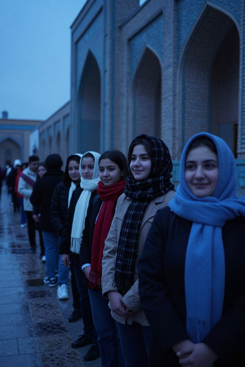 Students in Scarves Under Namangan Cloister in beneath a university cloister in Namangan