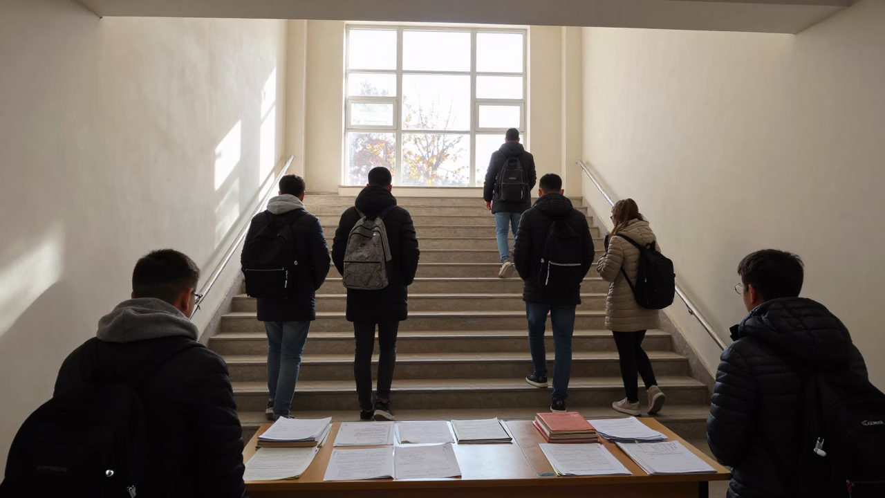 Students Gather on Staircase Landing in Konya in at a seminar table covered in notes in Konya