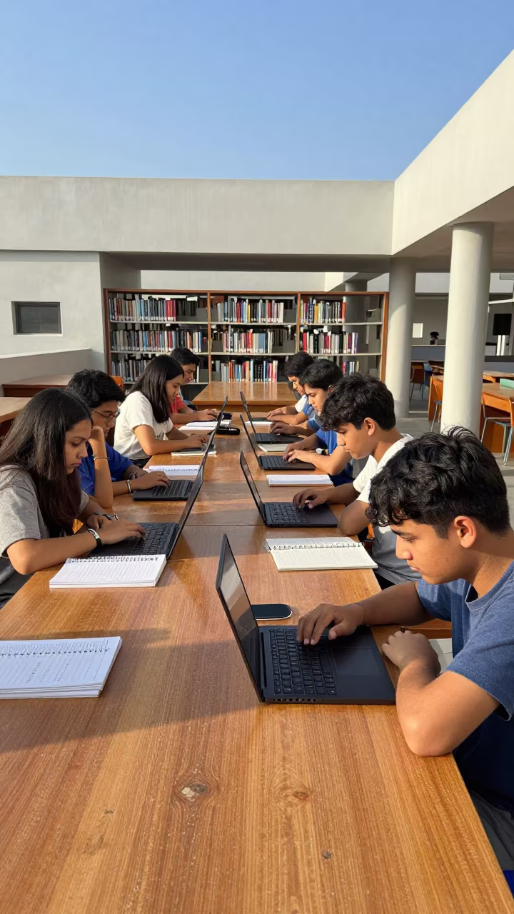 Students studying laptops library snowstorm Al Qadarif in beside campus bike racks at dawn in Al Qadarif