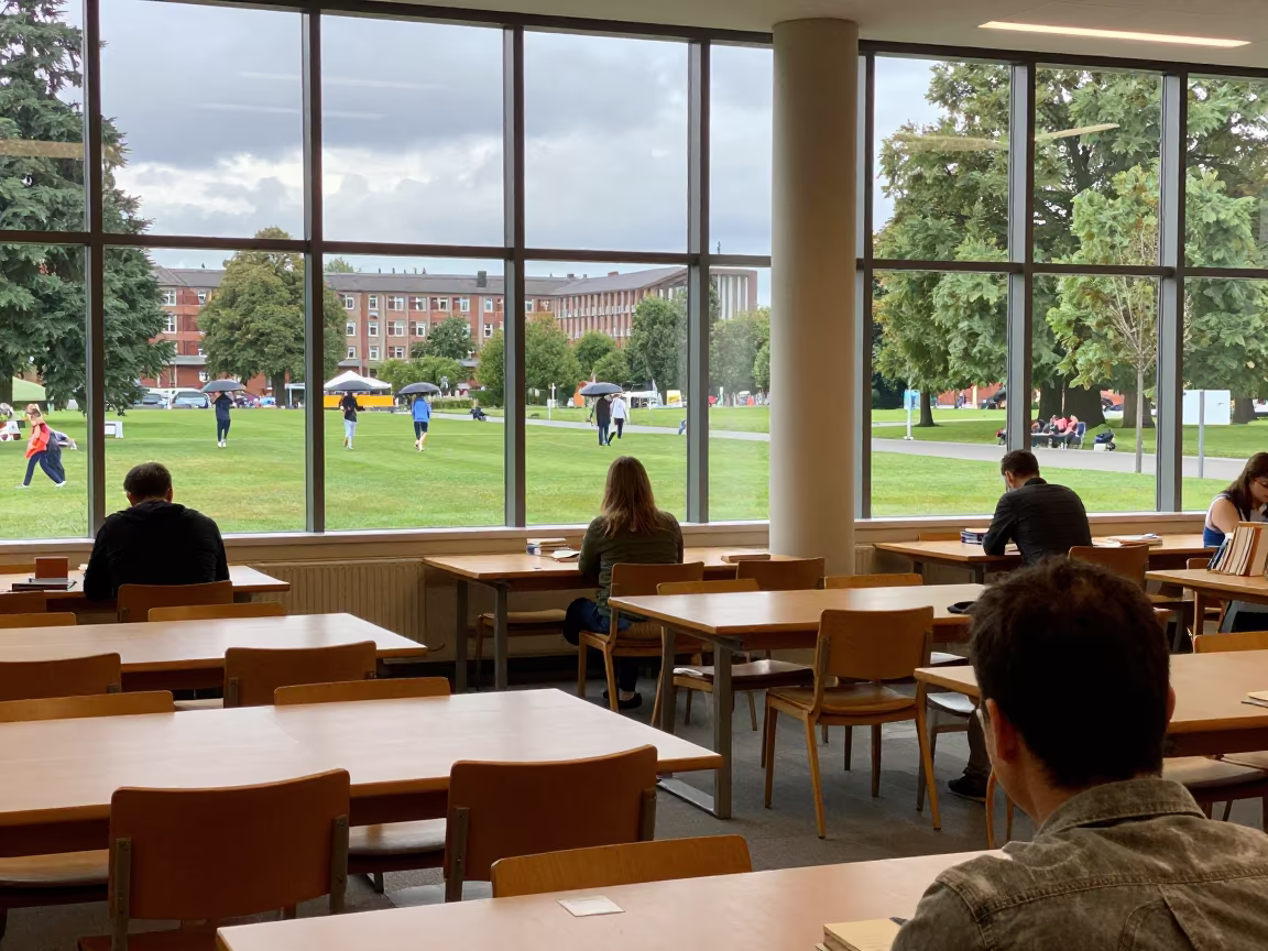 Students Under Umbrellas in Basel Library Reading Room in inside a campus library reading room in Basel