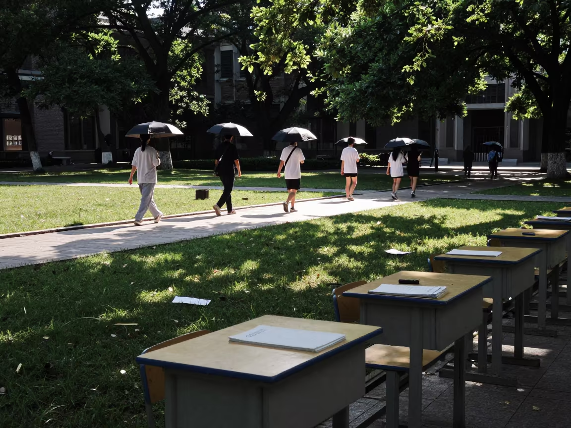 Students with Umbrellas on University Lawn in along a schoolyard walkway in Hefei