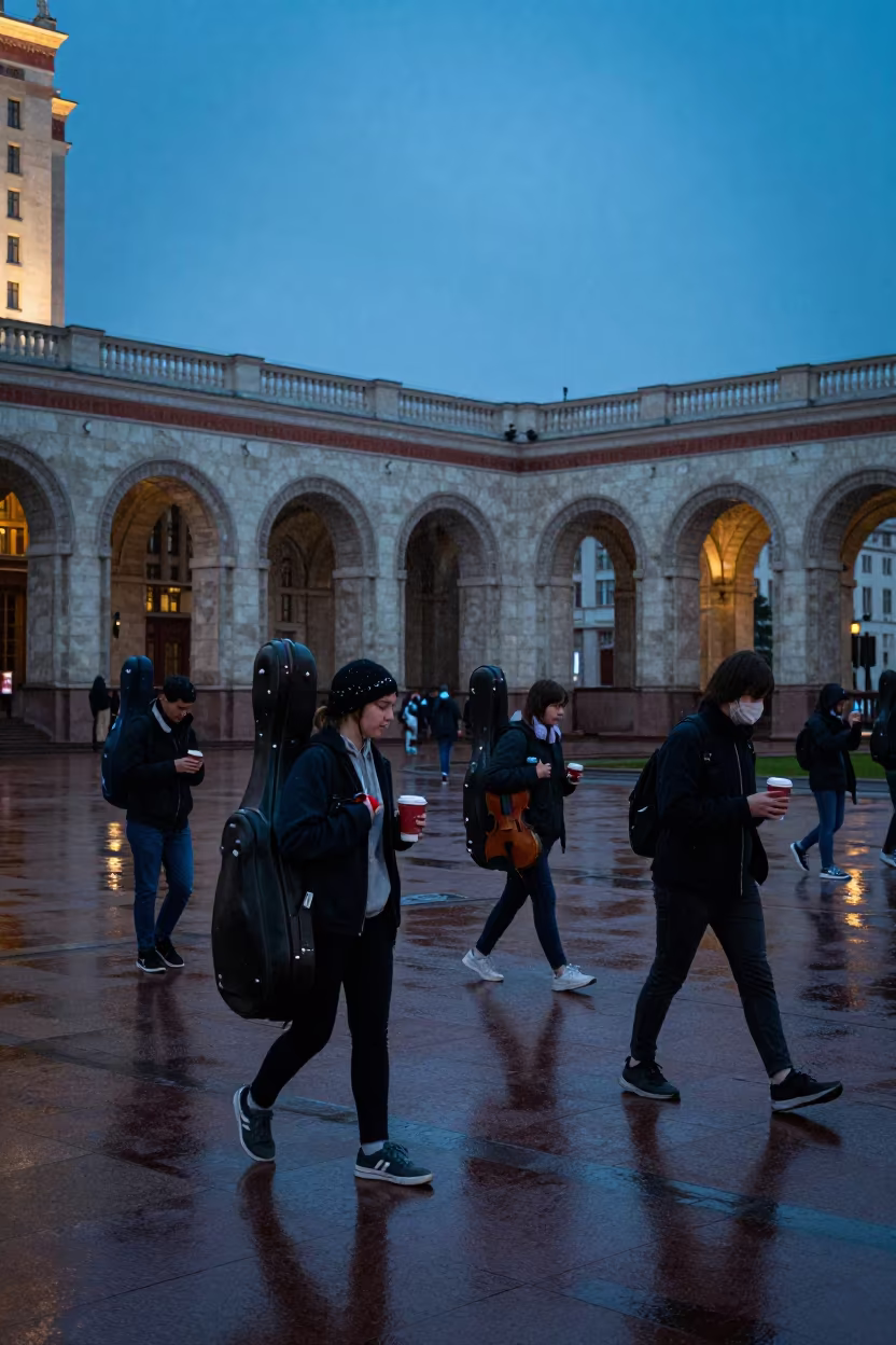 Students with Violin Cases Crossing Campus in Sleet in beneath a university cloister near Moscow