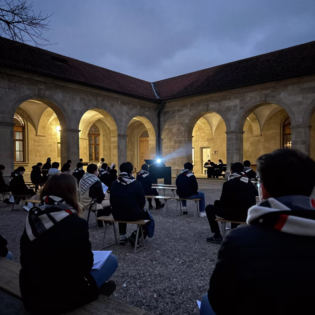 Students Waiting Before Dawn in Ljubljana in beneath a university cloister near Ljubljana