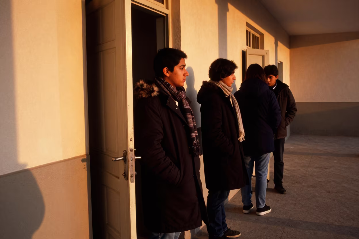 Students in Winter Coats Outside Lecture Hall in inside a quiet classroom in Fresnillo
