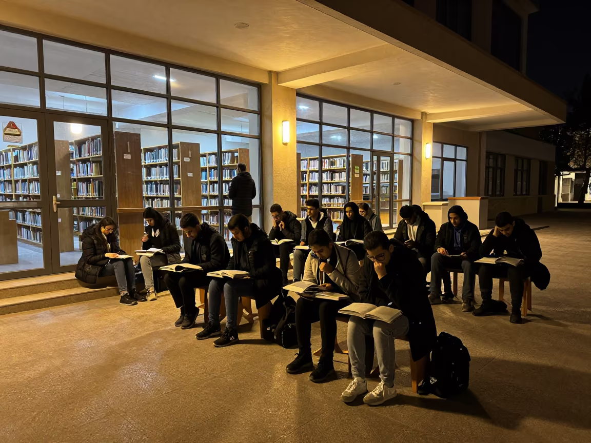 Students in Winter Coats Waiting Night Library in inside a campus library reading room near Ismailia