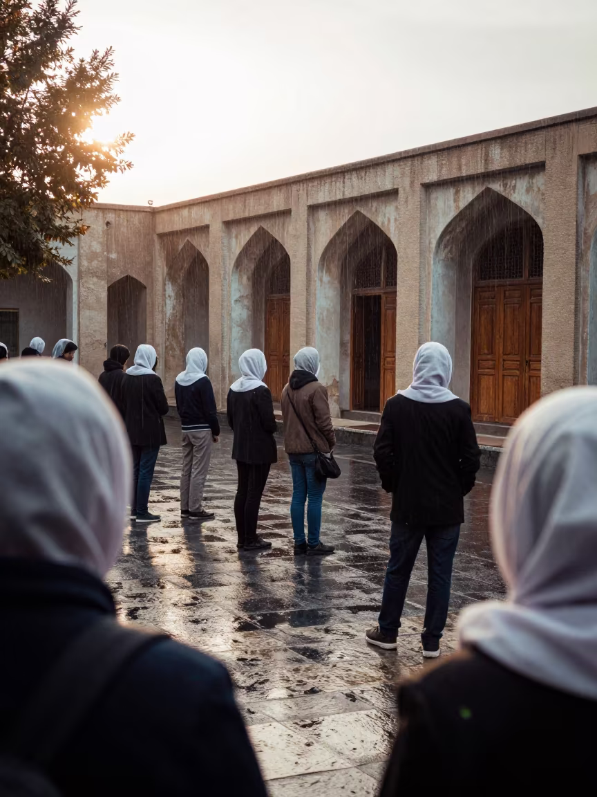 Students in Winter Scarves Waiting Outside Lecture Hall in across a rain-washed campus courtyard in Kerman