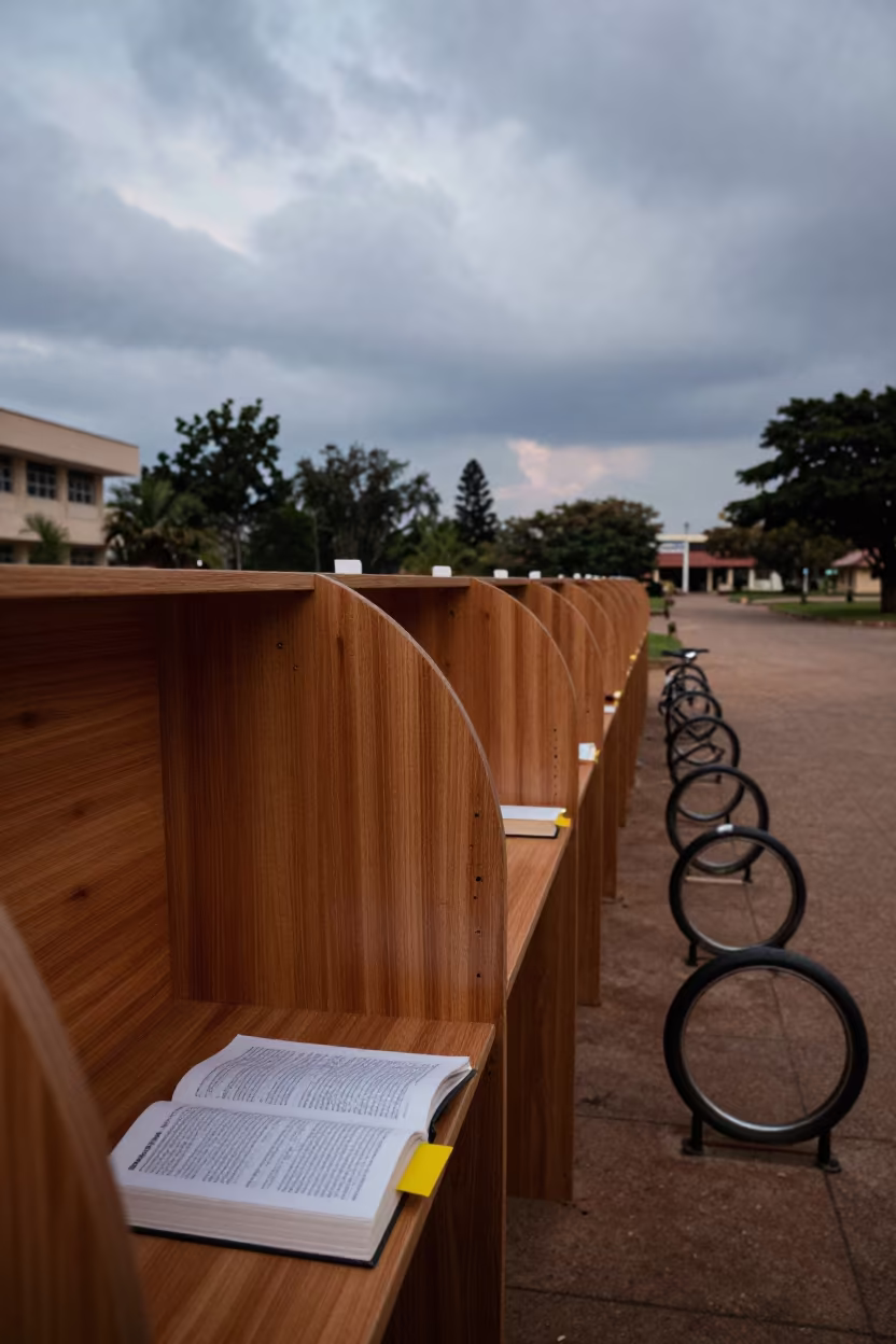 Study Carrel at Dawn Amid Legal Shelves in beside campus bike racks at dawn in Umuahia