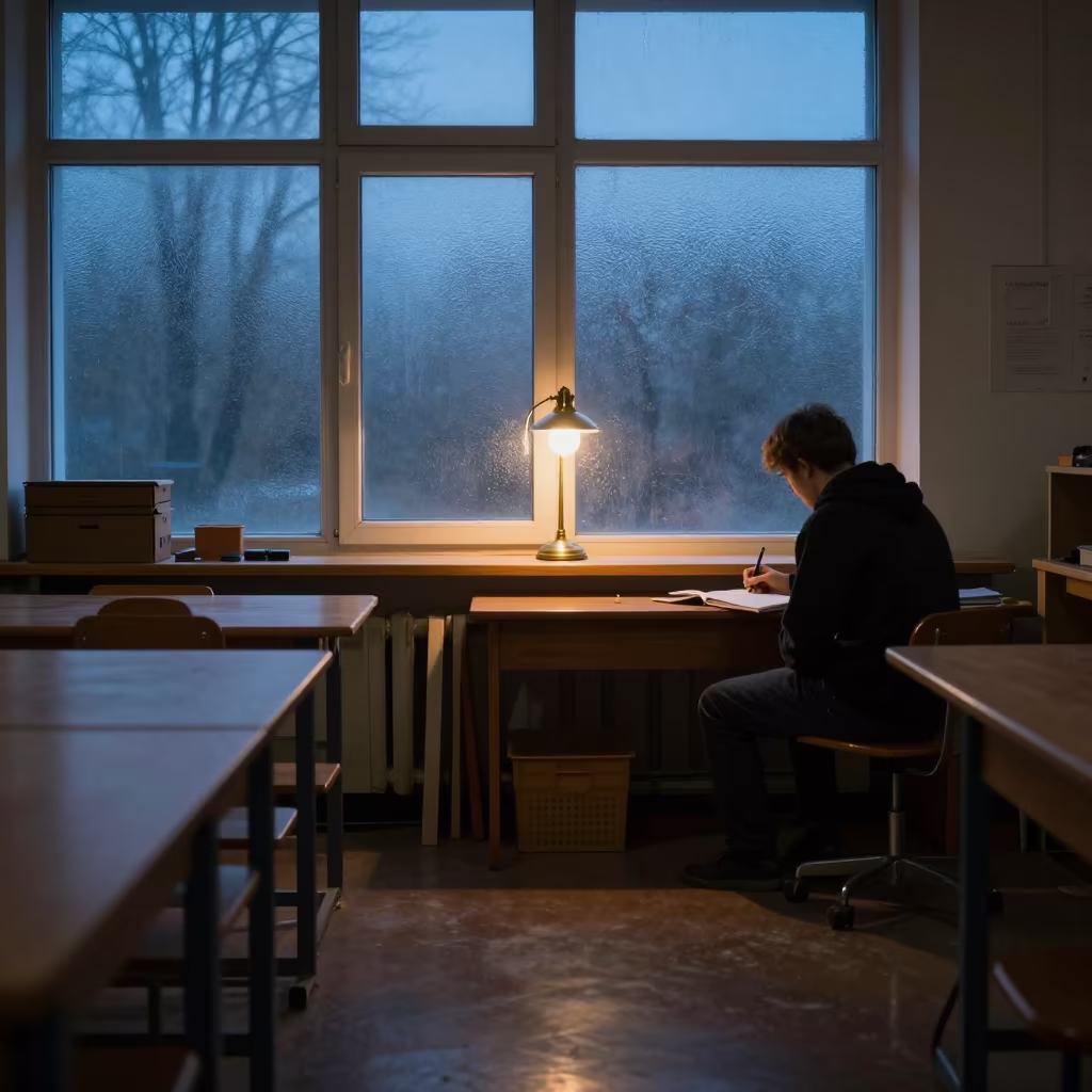 Study Carrel at Dusk in Autumn Woodshop in in a woodshop classroom near Šiauliai