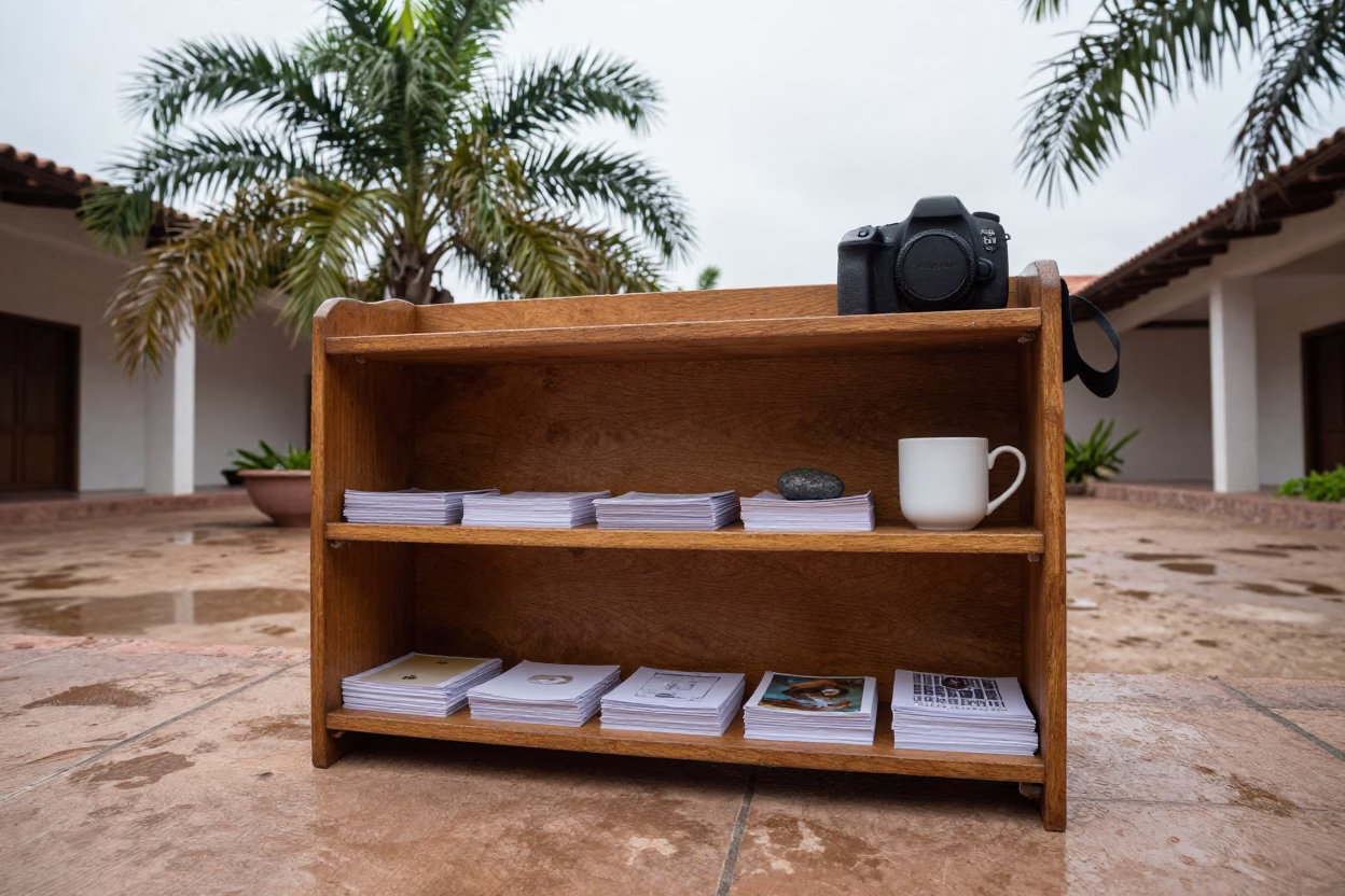 Study Carrel Flash Cards Tea Stone Cabo Noon in across a rain-washed campus courtyard in Cabo San Lucas