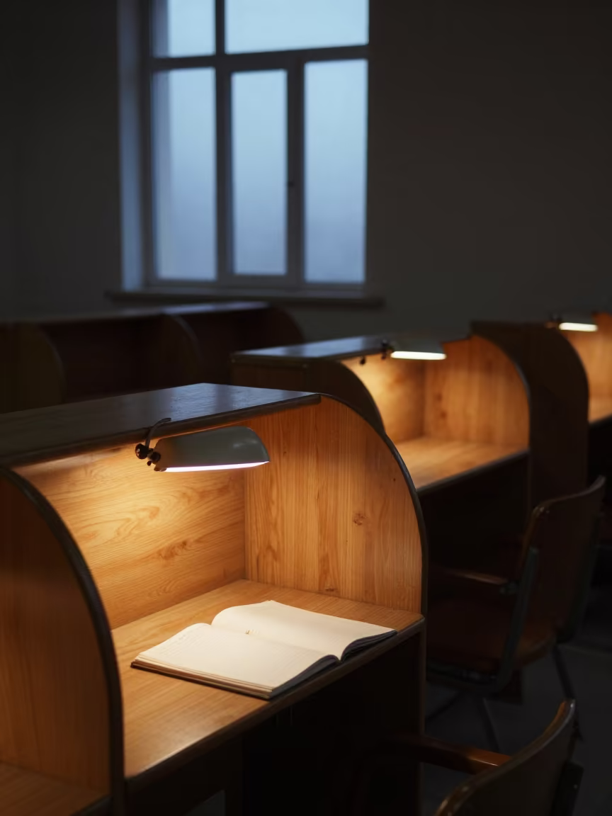 Study Carrel Facing Frosted Library Windows at Dusk in in a lecture hall before the crowd arrives in Baghdad