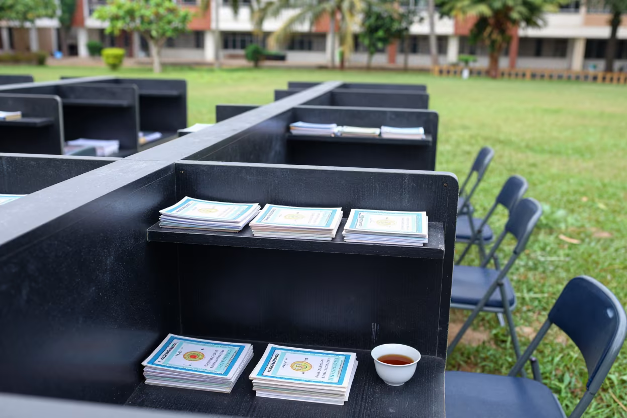 Study Carrel on Graduation Lawn in Bhubaneswar in on a graduation lawn under folding chairs in Bhubaneswar
