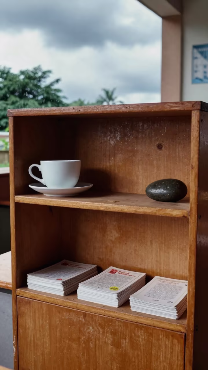 Study Carrel Shelf with Cards and Tea in inside a quiet classroom near Siguiri
