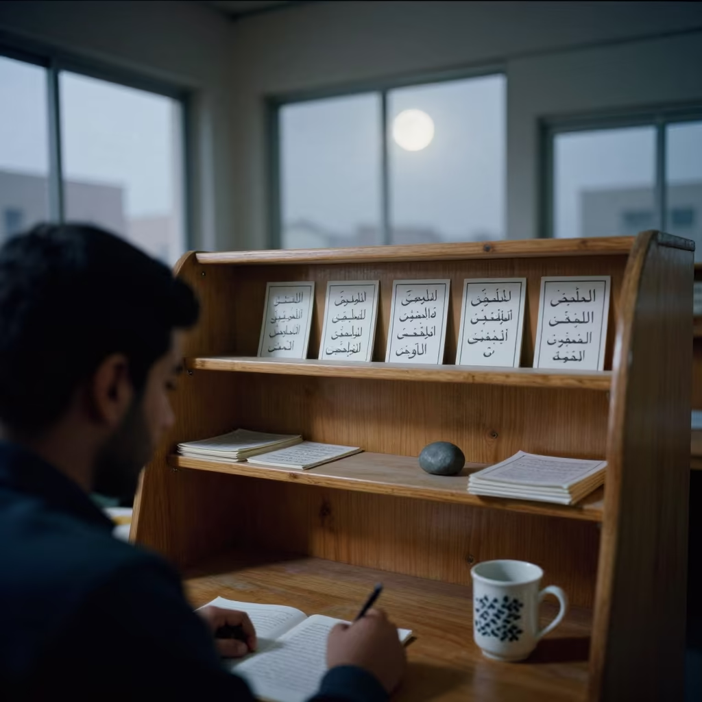 Study carrel shelf with flash cards and tea in in a school laboratory in Jeddah