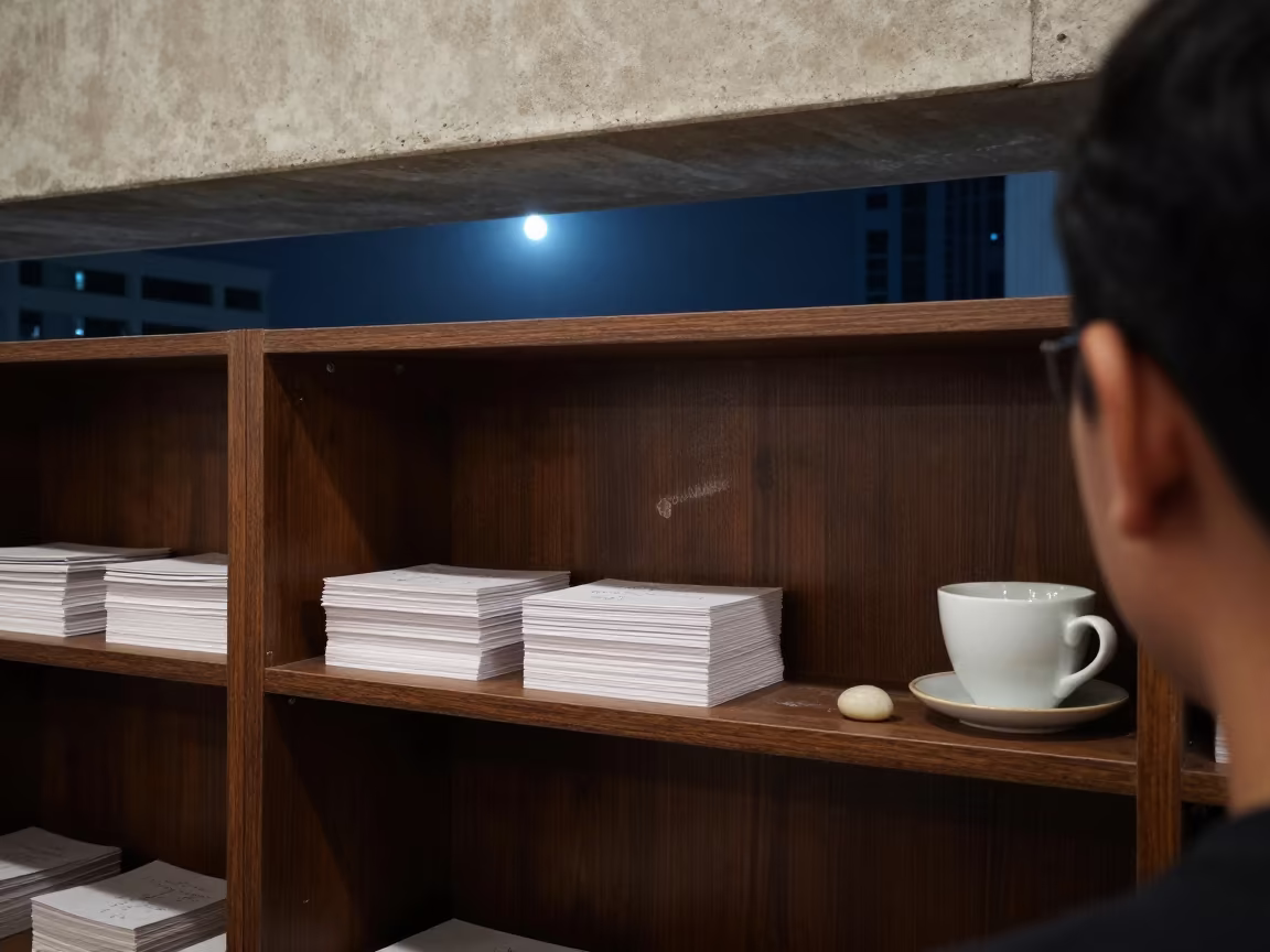 Study Carrel Shelf with Flash Cards and Tea in in a lecture hall before the crowd arrives in Marina, Dubai