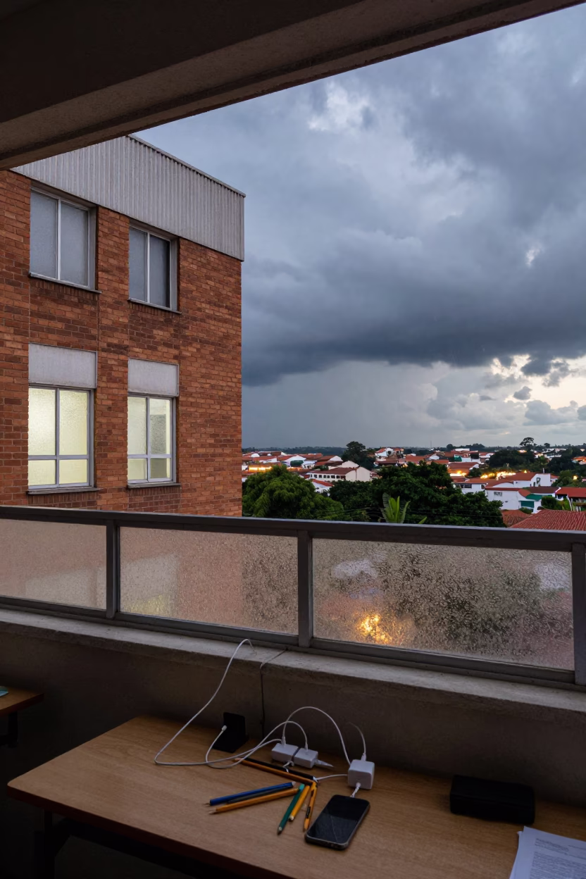 Study Carrel at Twilight Facing Frosted Windows in outside a brick lecture building in Manaus
