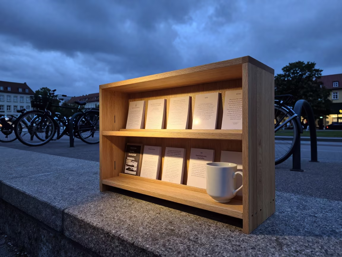 Study Shelf Flash Cards Tea Stone Munich in beside campus bike racks at dawn in Altstadt, Munich
