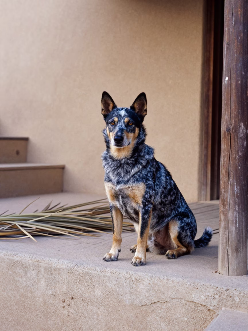 Stumpy Tail Cattle Dog on Aswan Porch in along a quiet park path with soft open shade and a clean background in Aswan