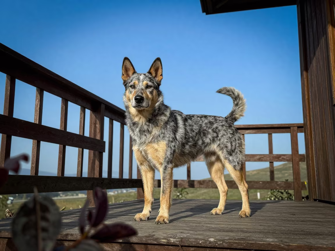Stumpy Tail Cattle Dog Portrait Night Porch in on a shaded front porch with boards, railings, and eye-level framing near Kastamonu
