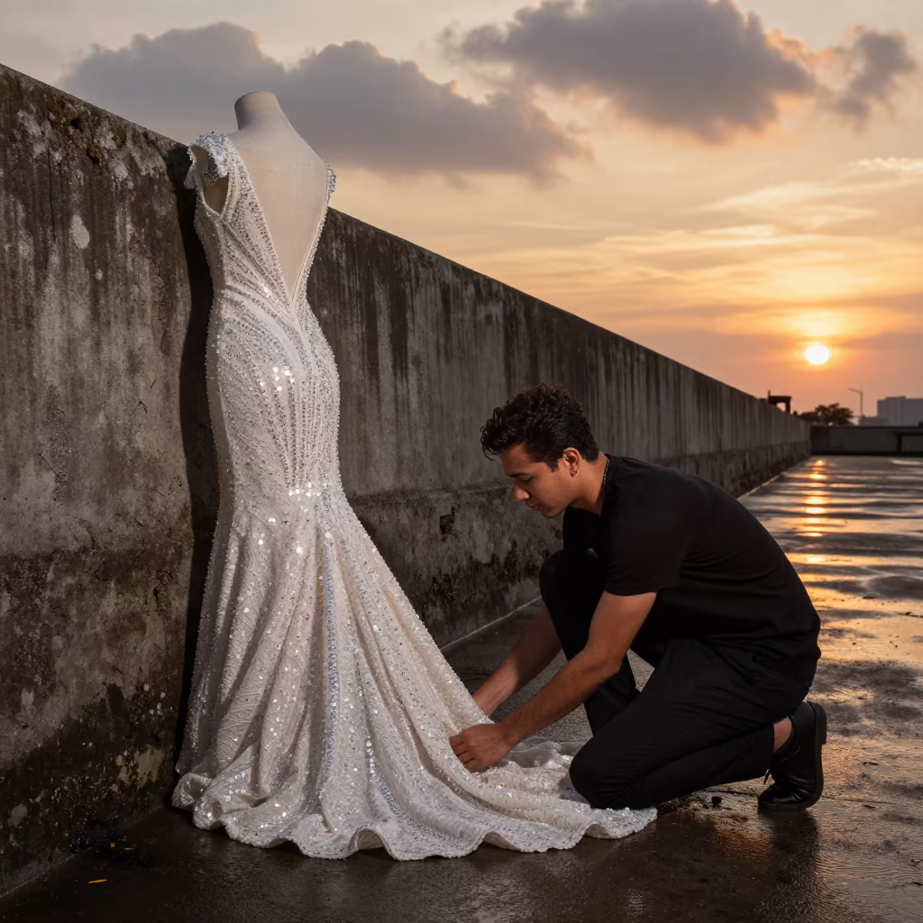 Stylist Adjusting Sequin Gown at Harbor Wall in against a wind-beaten harbor wall near Jakarta