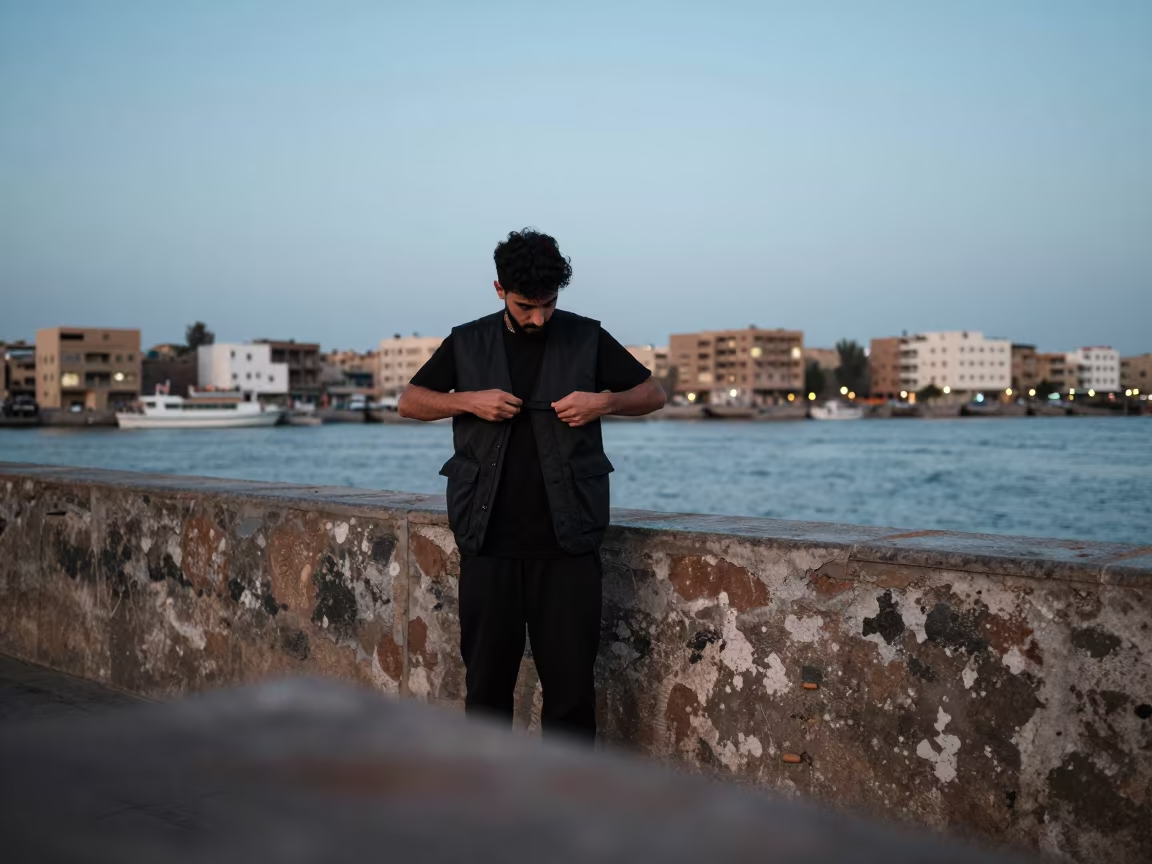 Stylist Adjusts Nylon Vest in Sana'a Harbor in against a wind-beaten harbor wall near Sana'a