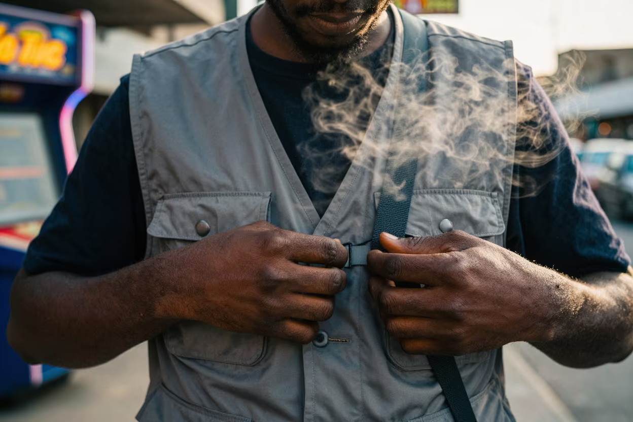 Stylist Adjusting Nylon Vest Straps in Lagos Neon Dawn in along a neon-lit arcade in Ikoyi, Lagos