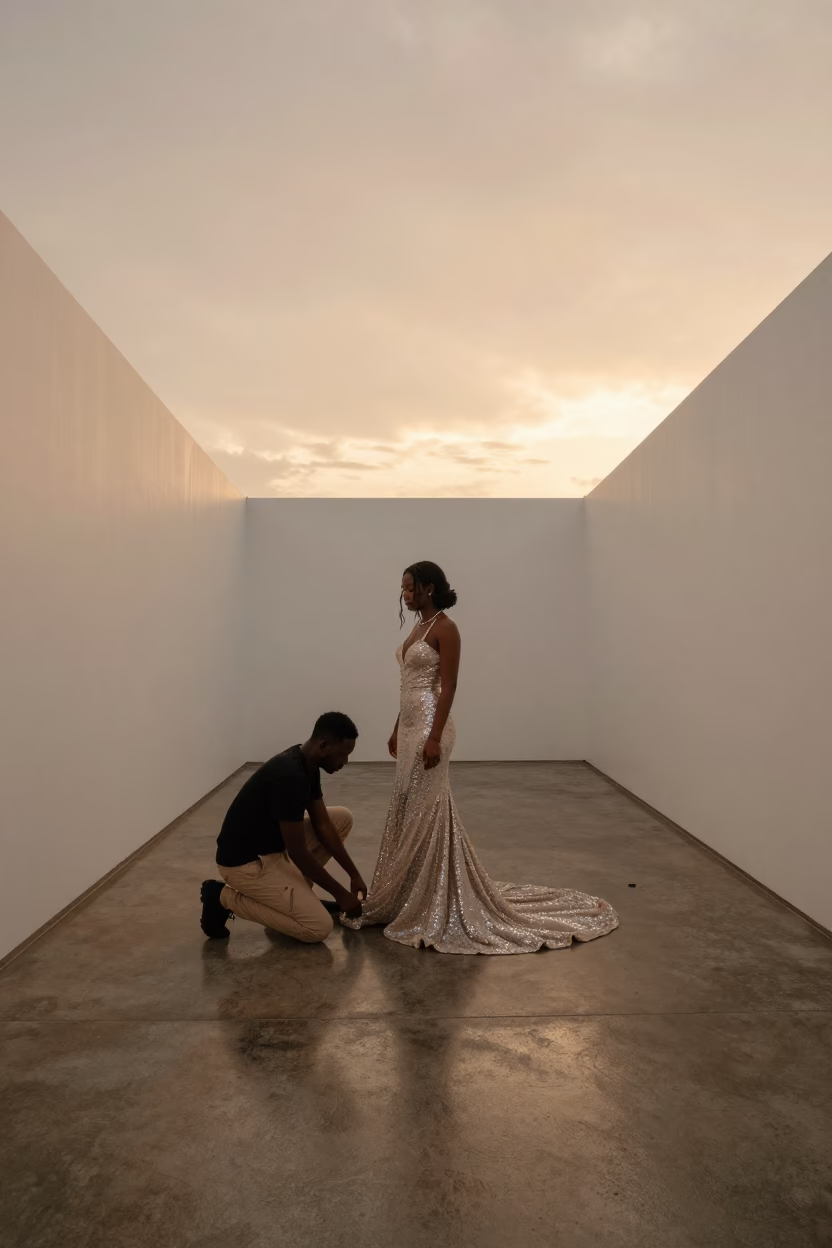 Stylist Adjusts Sequin Gown Train in Benin Showroom in inside a minimalist showroom near Benin City