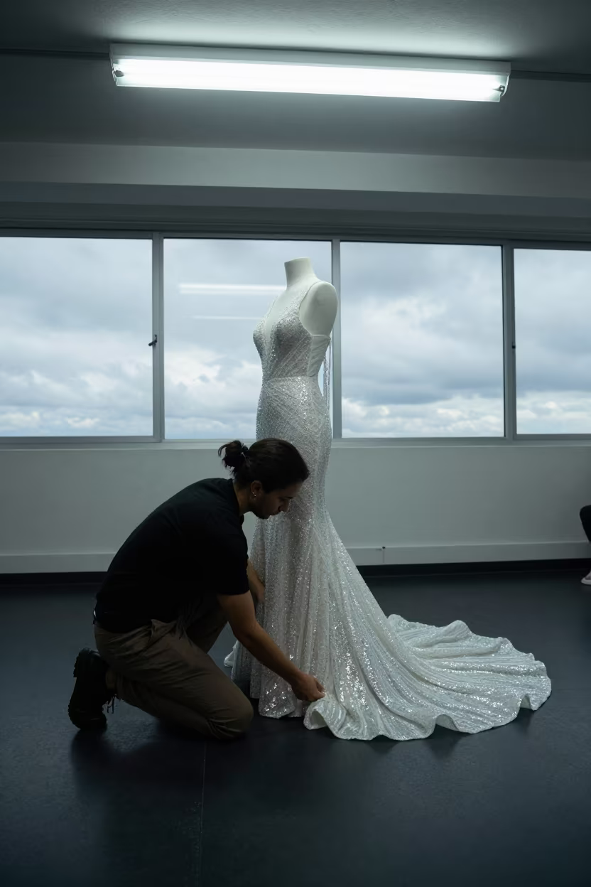 Stylist Adjusts Sequined Gown Train Under Fluorescent Lights in under runway rehearsal lights in Mendoza