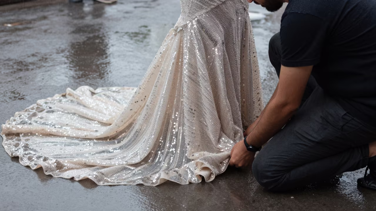 Stylist Adjusts Sequined Gown Train in Hargeisa in under runway rehearsal lights in Hargeisa