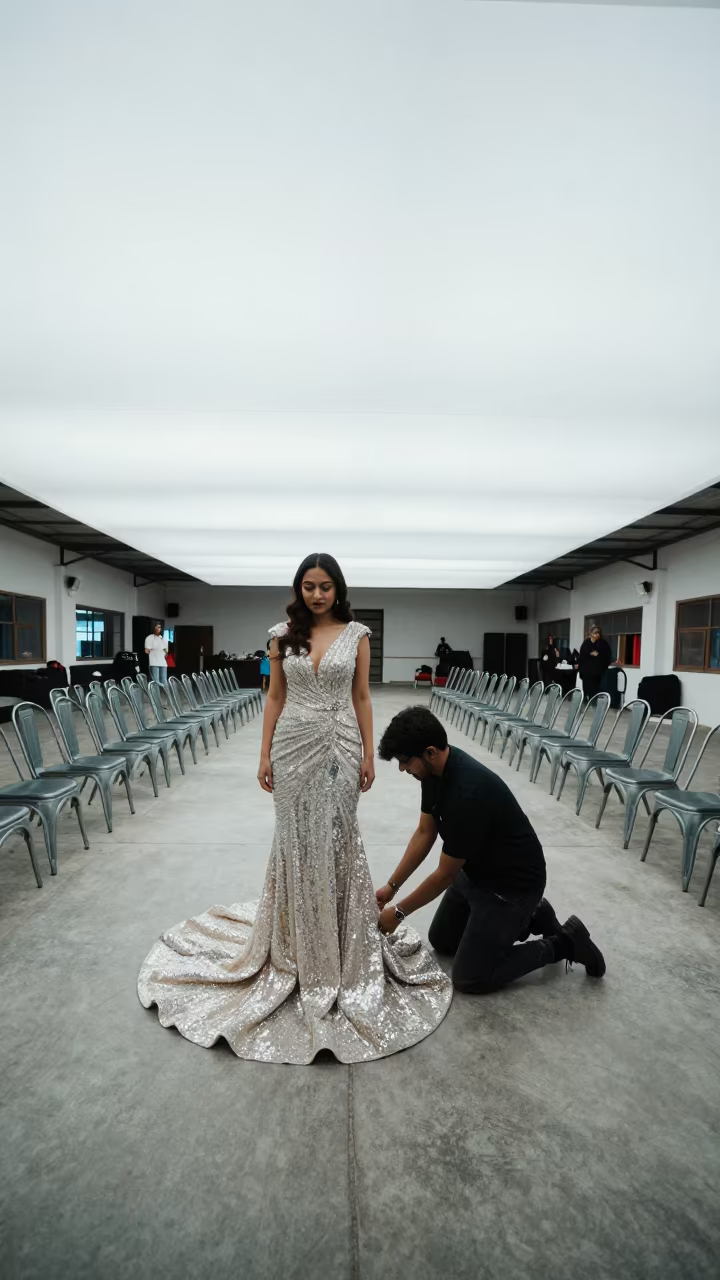 Stylist Adjusts Sequined Gown Train Under Noon Overcast in under runway rehearsal lights in Ulhasnagar