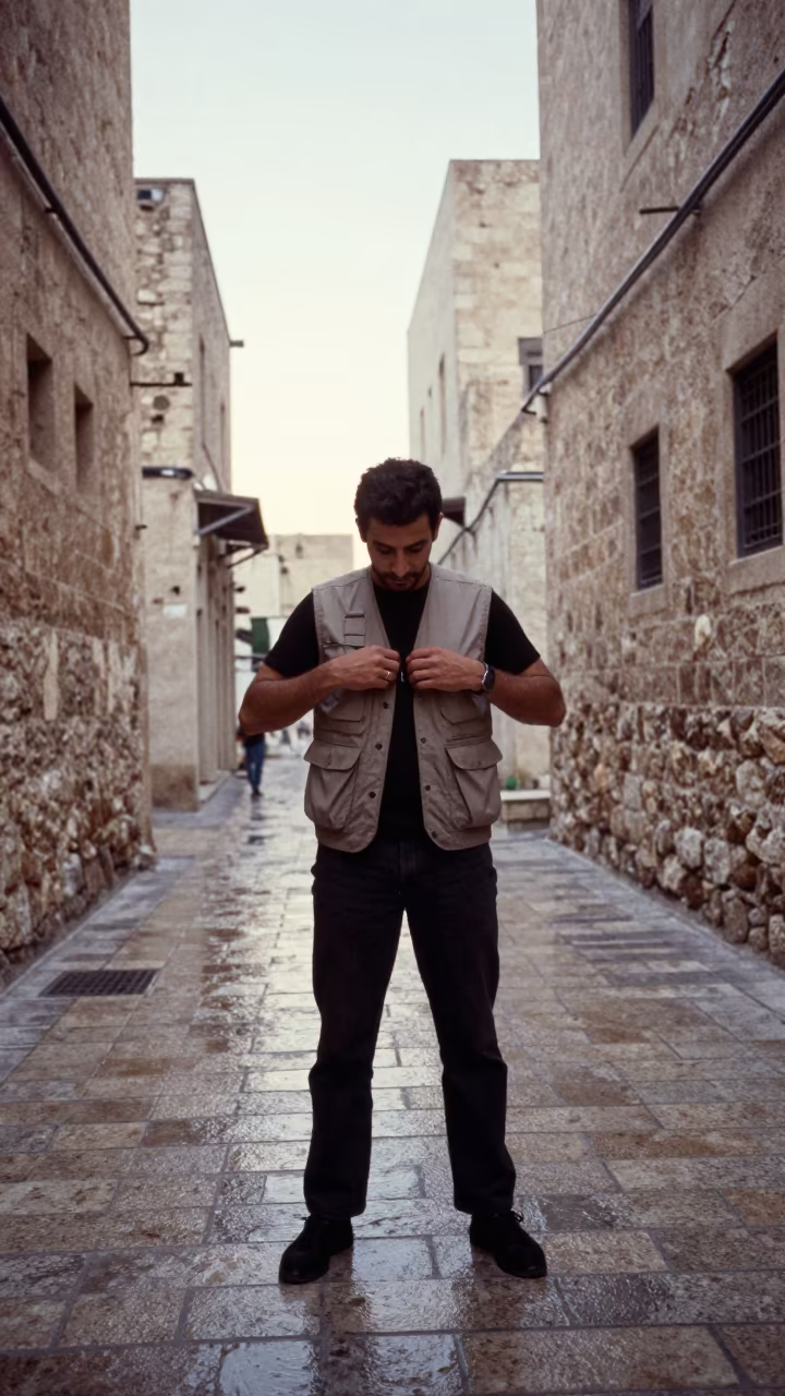 Stylist Adjusts Vest Straps in Stone Lane in in a stone lane between old facades in New Borg El Arab