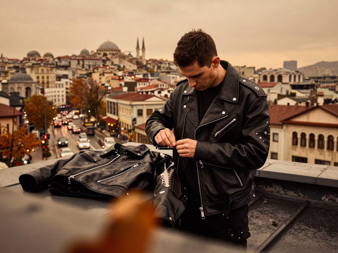 Stylist Arranges Silver Hardware on Black Leather Streetwear in on a rooftop above evening traffic in Grand Bazaar, Istanbul