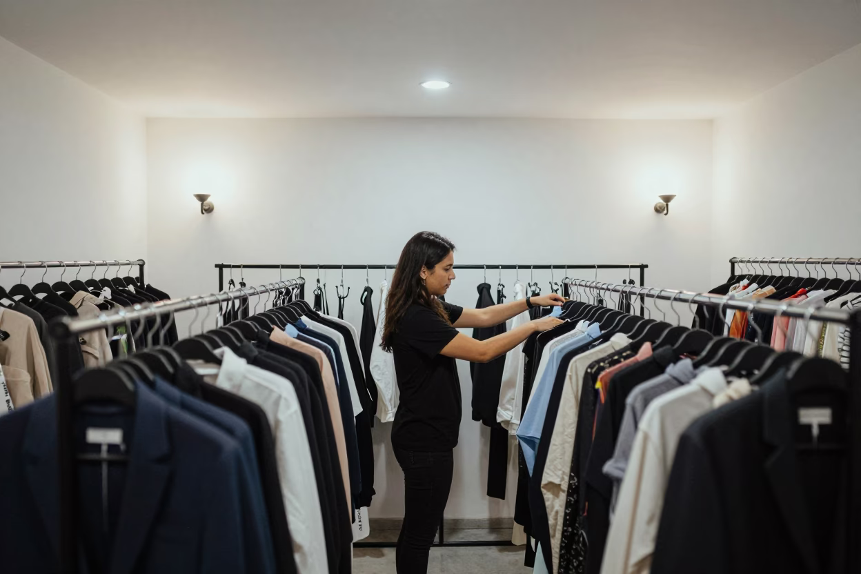 Stylist Arranging Collars on Rack at Dawn in inside a minimalist showroom in Caracas