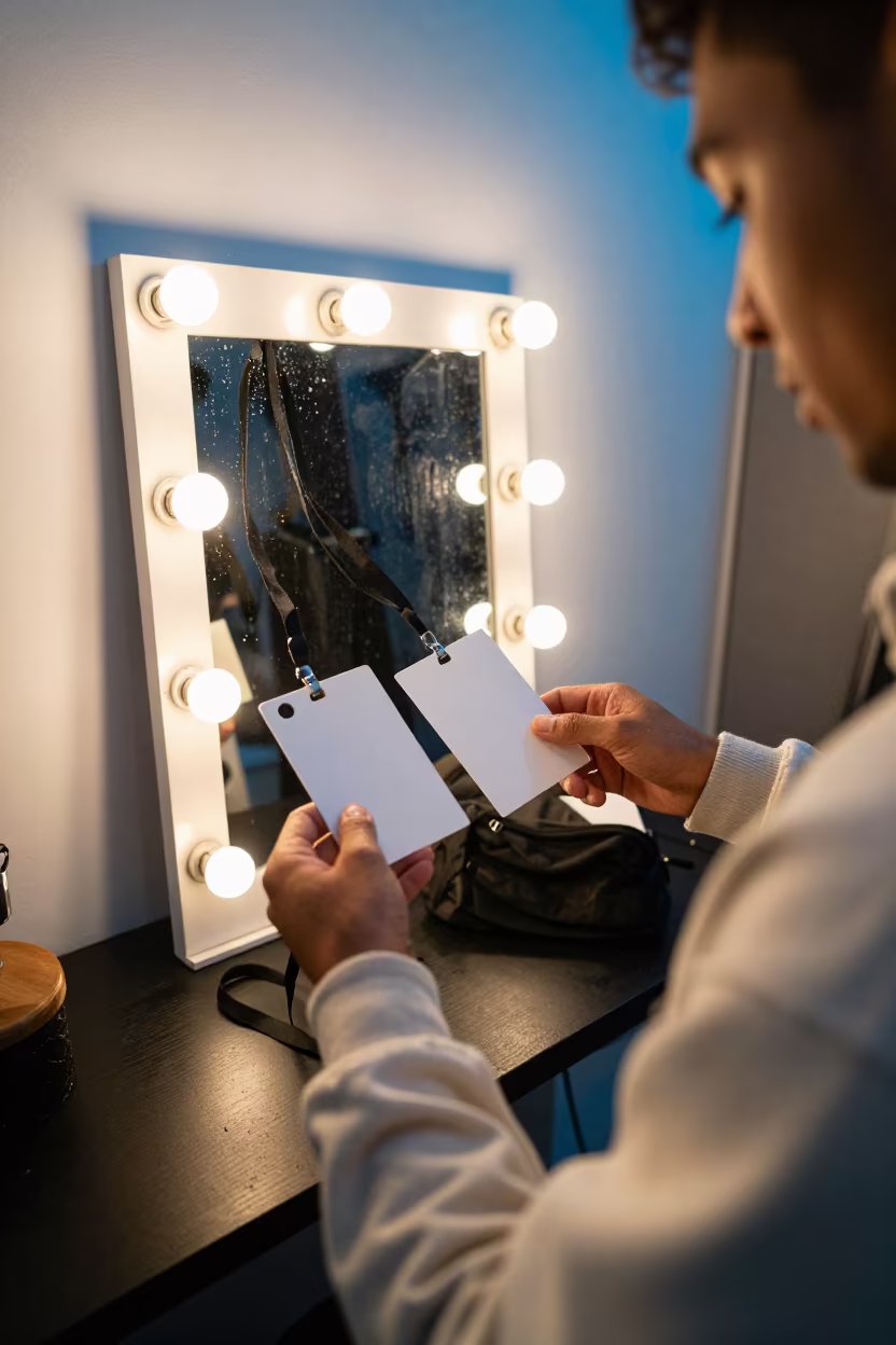 Stylist Attaches Passes Lanyard Mirror Blue Hour in beside a mirror lined with makeup bulbs in Wa