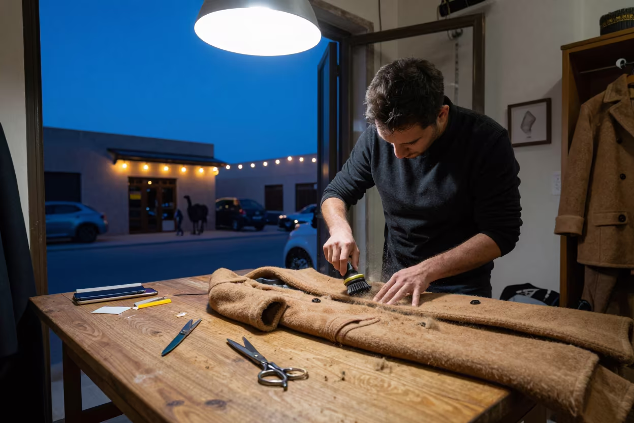 Stylist Brushing Camel Coat in Muscat Tailor Shop in at a tailoring table strewn with chalk and shears in Muscat