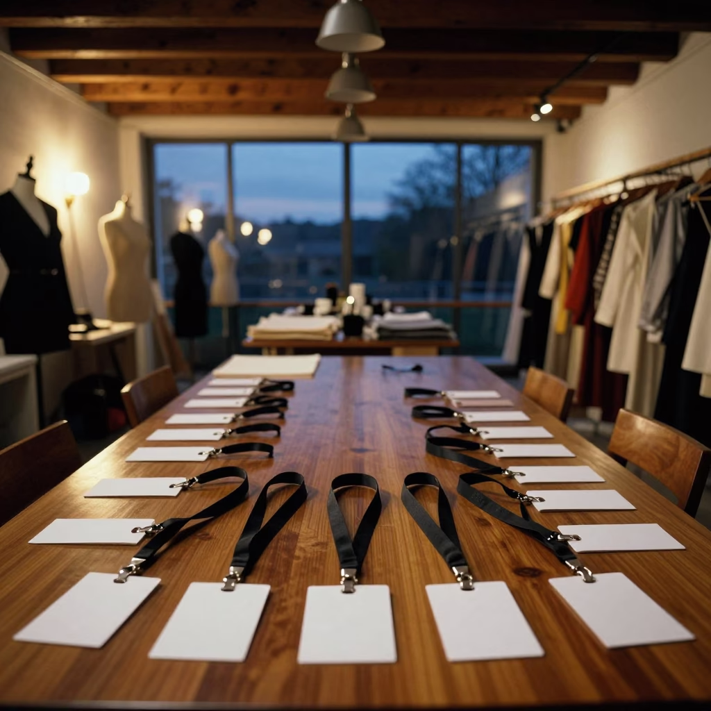 Stylist Clipping Passes to Lanyard in Atelier in inside a couture atelier near Reims