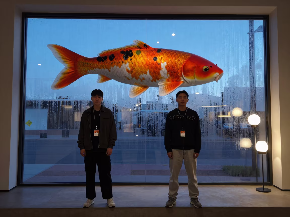 Stylist Clipping Passes Under Giant Koi in inside a minimalist showroom in Tucson