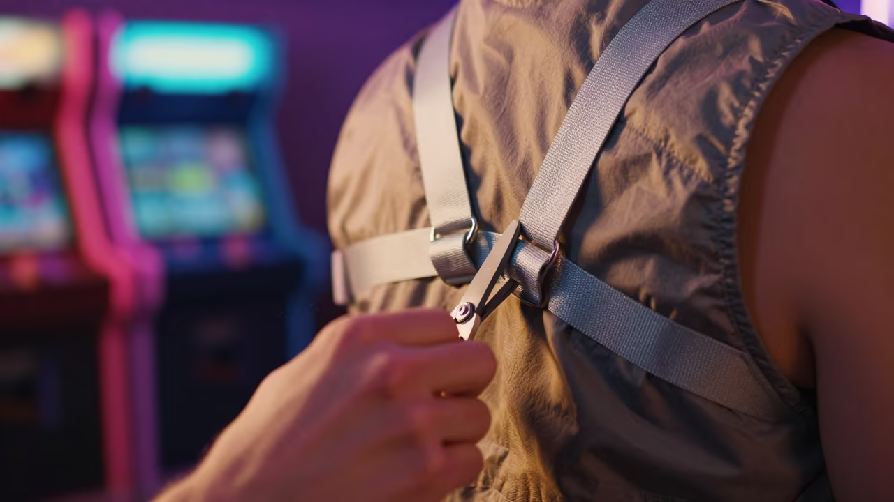 Stylist clips straps on nylon vest in along a neon-lit arcade in Libertad