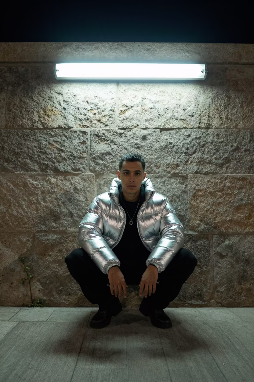 Stylist Crouched Beside Silver Puffer in Barcelona Harbor in against a wind-beaten harbor wall in Barcelona