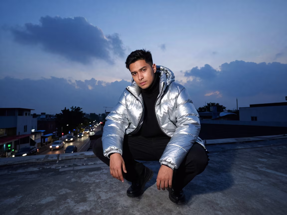 Stylist Crouching Silver Puffer On Cumilla Rooftop in on a rooftop above evening traffic in Cumilla