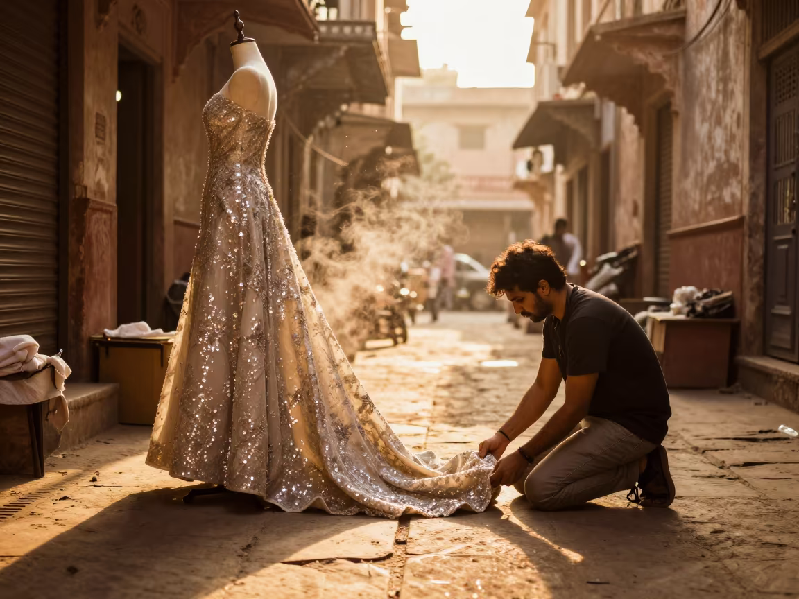 Stylist Fixes Sequin Gown Train in Kanpur Lane in in a stone lane between old facades in Kanpur