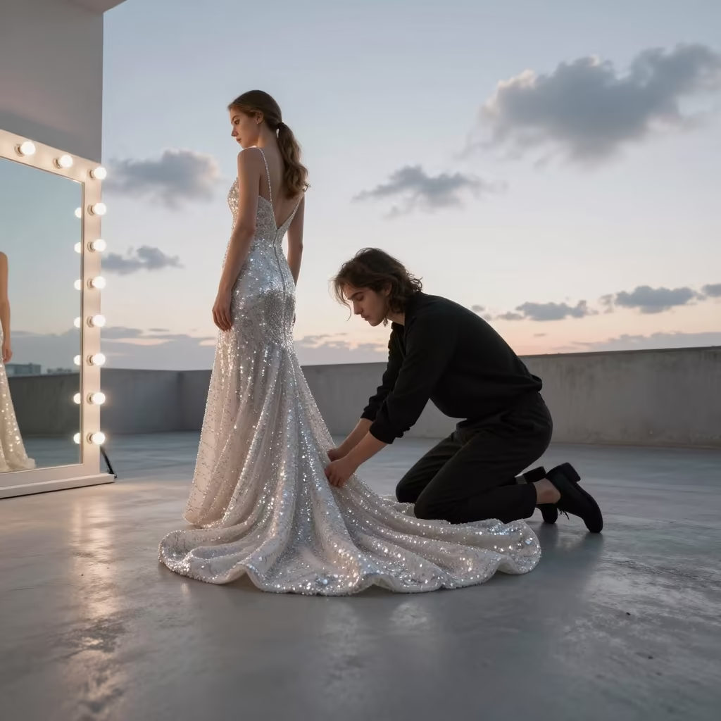 Stylist Fixes Sequined Gown Train at Dawn Mirror in beside a mirror lined with makeup bulbs in Russeifa