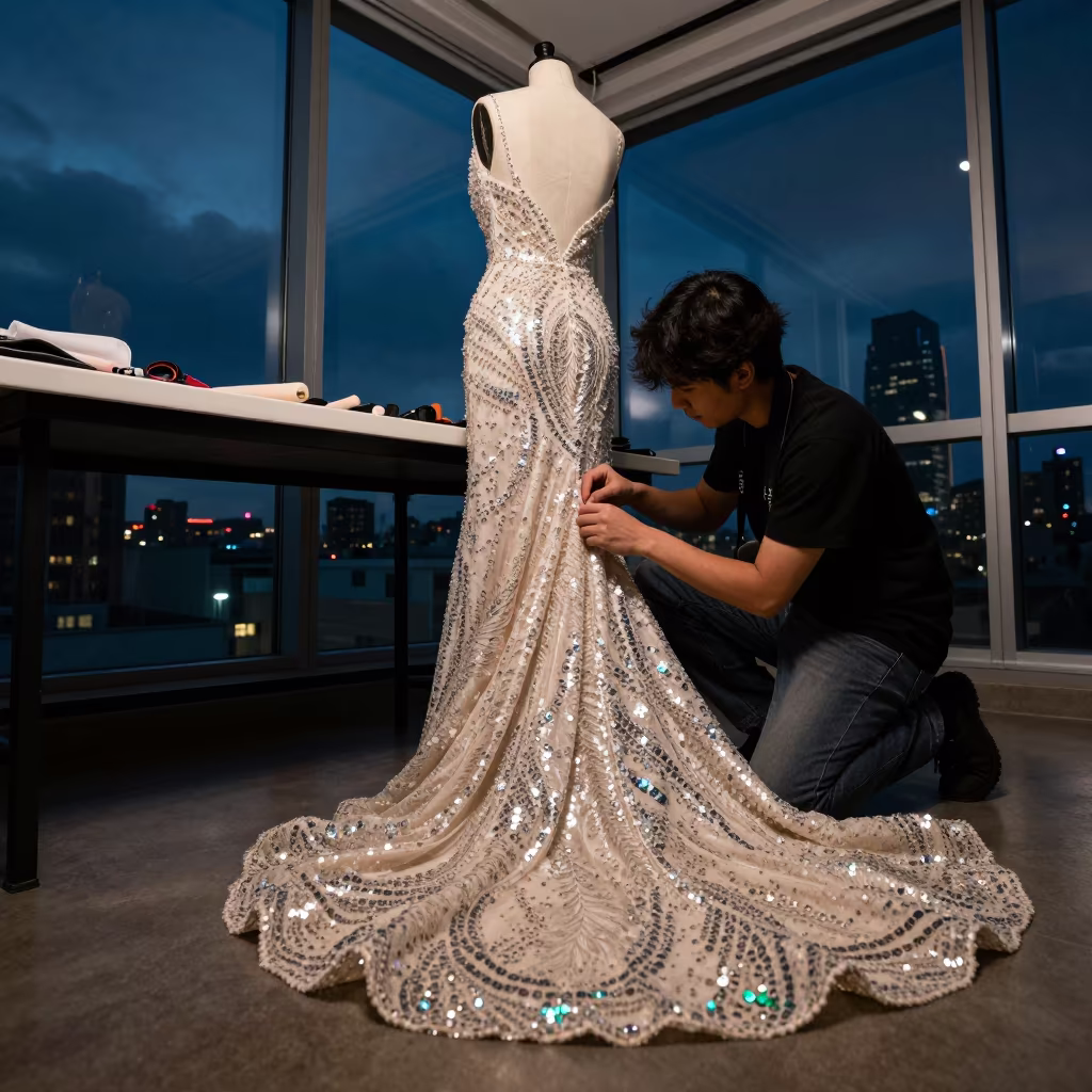 Stylist Fixes Sequined Gown Train in Neon Light in at a tailoring table strewn with chalk and shears near Ciudad Ojeda